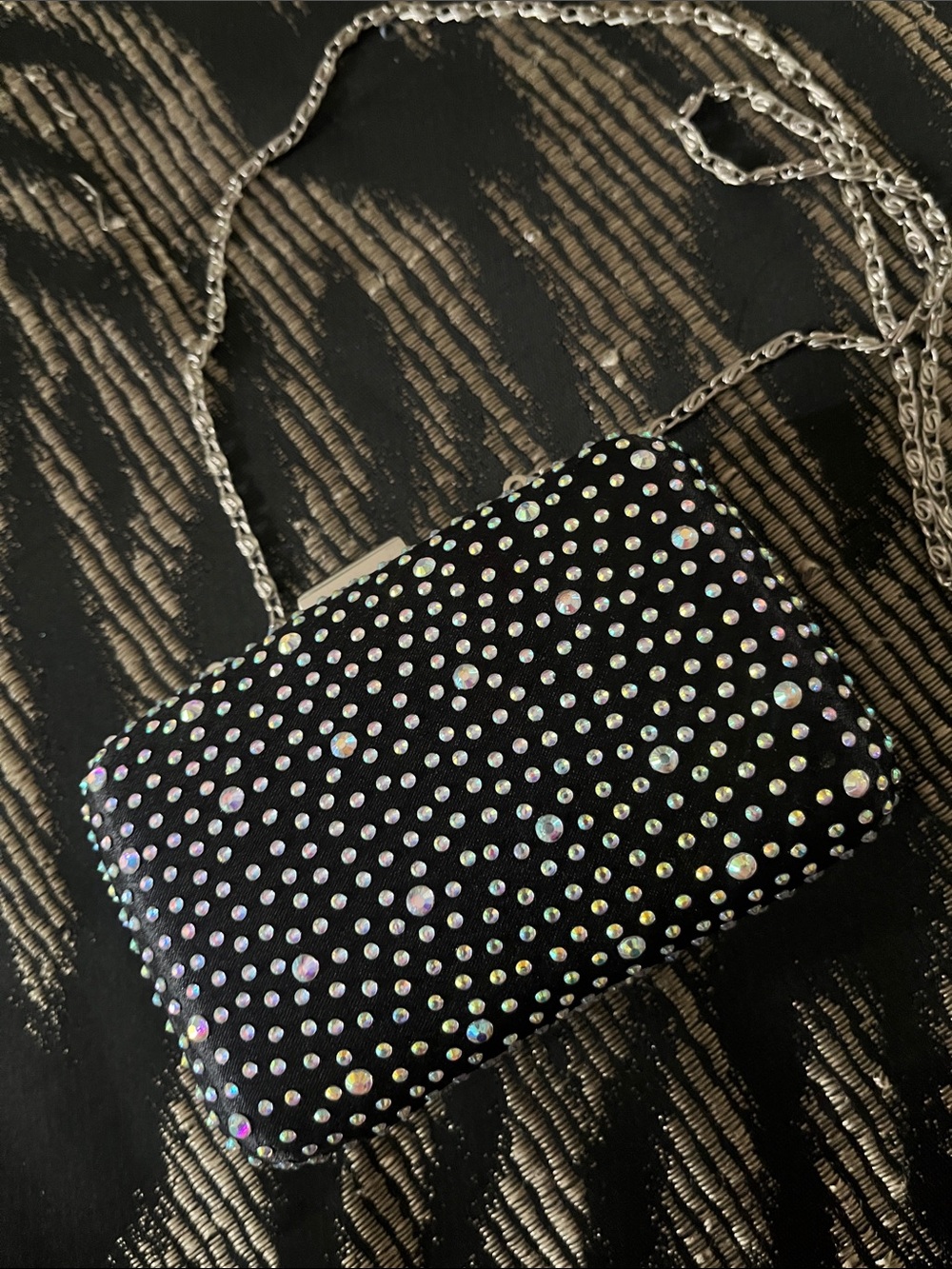 Black Crystal-Embellished Evening Clutch with Chain Strap